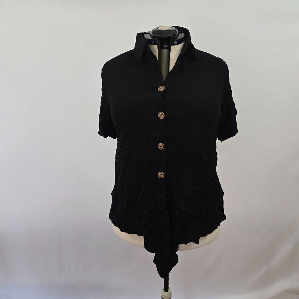 Bloomchic Blouse Women's Large Button Up Short Roll Tab Sleeves V-Neck Black NWT